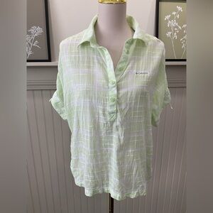 Columbia Green & White Plaid Semi Sheer Cotton Blouse | Boxy Fit M